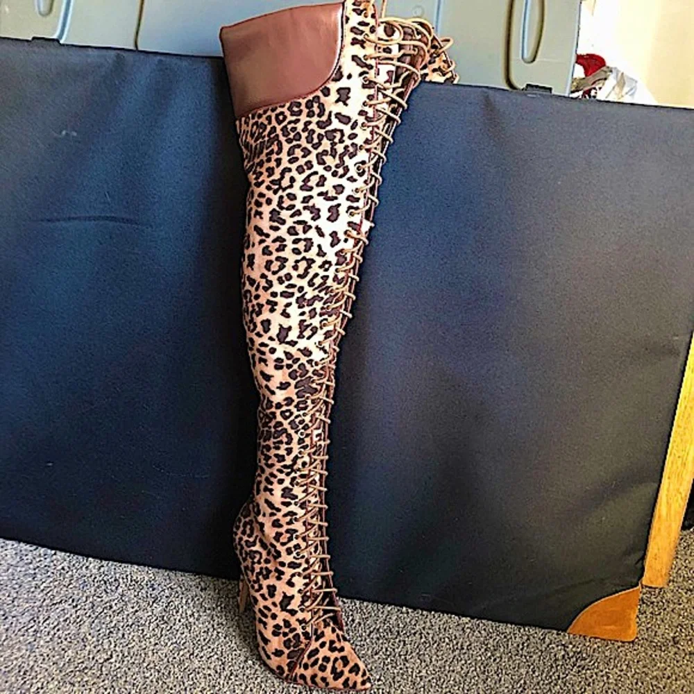 Over The Knee Leopard Printed Lace-up NWOT